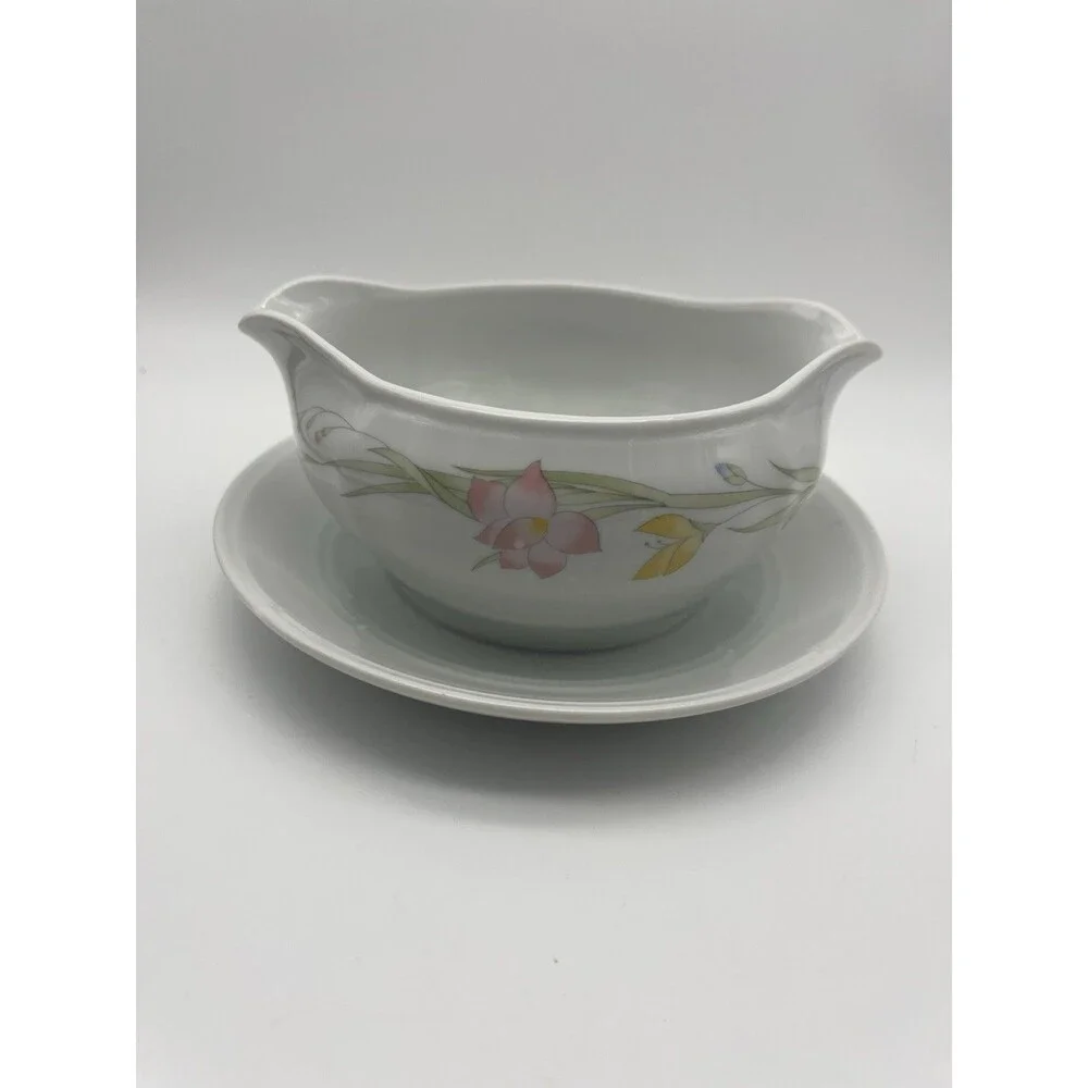 French Garden Porcelain Floral Gravy Boat, with attached plate, from Japan